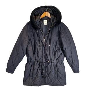 Vintage GAP Jacket Womens Small Black Quilted Parka Hooded Faux Fur TAIWAN 90s
